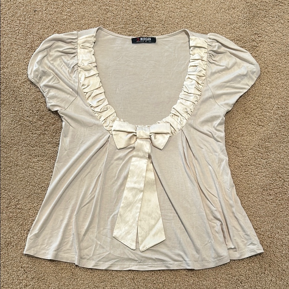 Morgan de Toi Cream Blouse with Ruffled Tie Front